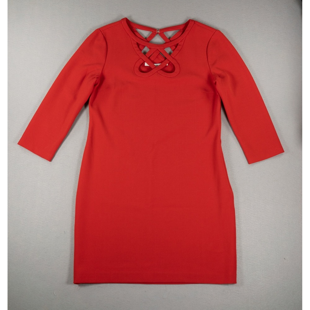Diane von Furstenberg Womens Shift Dress Lattice Neck Red 8 3/4 Sleeve Mini